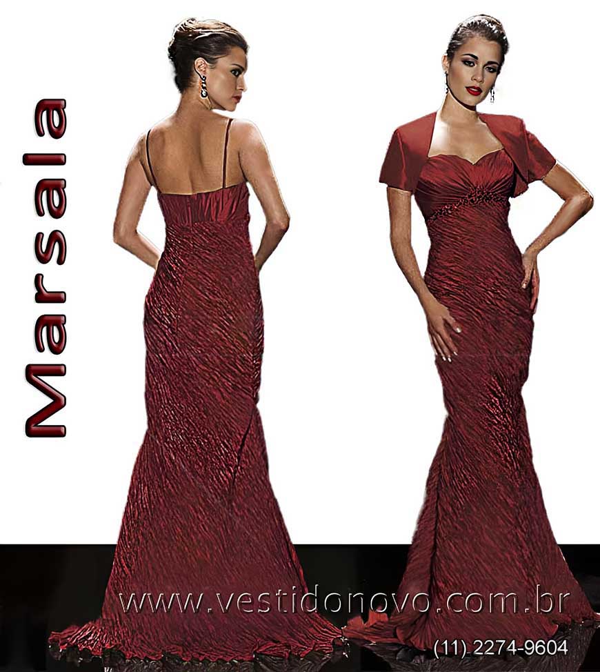 vestido mae da noiva, em tafeta importado, com manga e bolero na cor marsala, em So Paulo